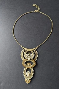 LUCKY BRAND Gold Tone Openwork Bib Statement Necklace Cream BEIGE Orange Stone - Picture 1 of 15