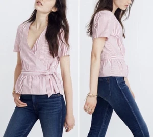 Madewell Ruffle Hem Wrap Top in Stripe Mix Size M Red White - Picture 1 of 6