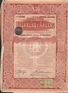 MINING MEXICO Compania Minera Nazareno y Anexas 5 Acciones 1910 30 div coupons - Picture 1 of 1