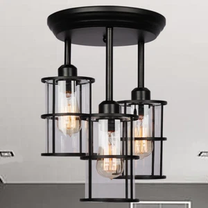 3-Light Ceiling Light Semi-Flush Mount Light Fixture with Metal Cage in Black - Picture 1 of 6
