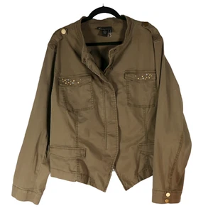 Lane Bryant Military Look Jacket Blazer sz 26 Olive Green Stretch Bling Zip Snap - Picture 1 of 8