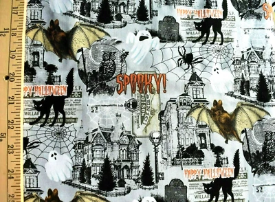HAUNTED HOUSE SPOOKY HALLOWEEN PRINT 100% COTTON FABRIC  51X43 INCHES  1.4 YARDS - Image 1 of 2