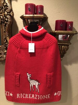 100% подлинный GUCCI Kids красный шерсти свитер пончо с вышивкой олень размер: 8 - Изображение 1 из 4
