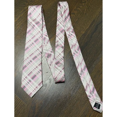 NUEVO CON ETIQUETAS EGARA Corbata de Seda a Cuadros Rosa Gris Blanco Rayas XL Larga 3"W 65"L Foto 1 de 4