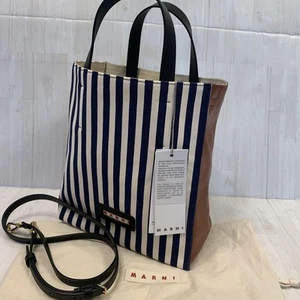 Marni Museo Soft Shoulder Bag Tote Stripe Blue Canvas Used Authentic - Picture 1 of 15