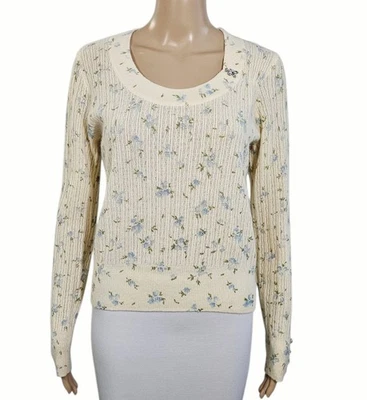 MINNIE ROSE Cashmere Ivory Blue Floral Pointelle Knit Scoop Neck Sweater M $398 - Image 1 of 4