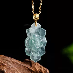 Natural A-grade Jade Jadeite Blue Water Lotus Pendant 18K Yellow Gold Pendant - Picture 1 of 5