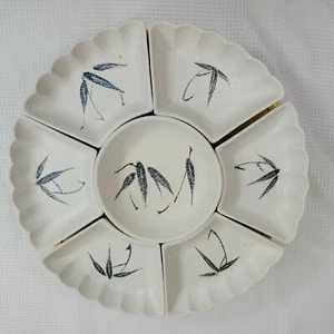 Vintage Lazy Susan Condiments Tray Set Bamboo Leaves Print White Porcelain - Picture 1 of 12