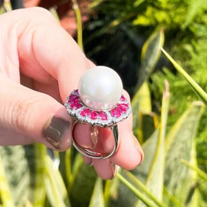 Silver Plated Red Cubic Zirconia CZ Flower Chunky Pearl Ring Fashion Jewellery - Bild 1 von 11
