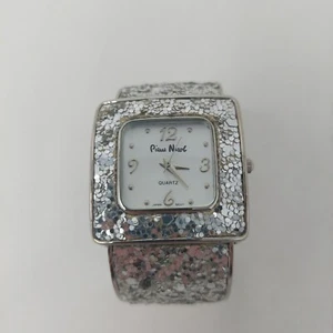 Pierre Nicol Silver Sequin Sparkly Watch Cuff Bracelet Square Face Glam Bling - Picture 1 of 12