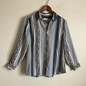 Charter Club Top Womens PL Petite Large Shirt Striped Floral Roll Tab Light - Picture 1 of 13