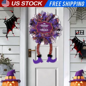 Halloween Wreath Sign Witch Leg Mesh Decor Spiders Design Wreaths Front Door - Picture 1 of 7