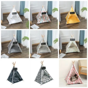 Folding Pets Teepee Tent Puppy Playhouse Natural Flax Canvas Cushion Pet Cat Bed - Picture 1 of 22
