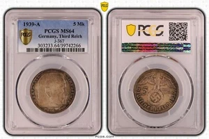 PCGS MS64 1939-A 5 Mk Reichsmark Hindenburg J-367 Third Reich Silver Germany WW2 - Picture 1 of 3