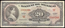 Mexico P-54g Banco de Mexico 20 Pesos HS-C,18.3.1959  F/VF