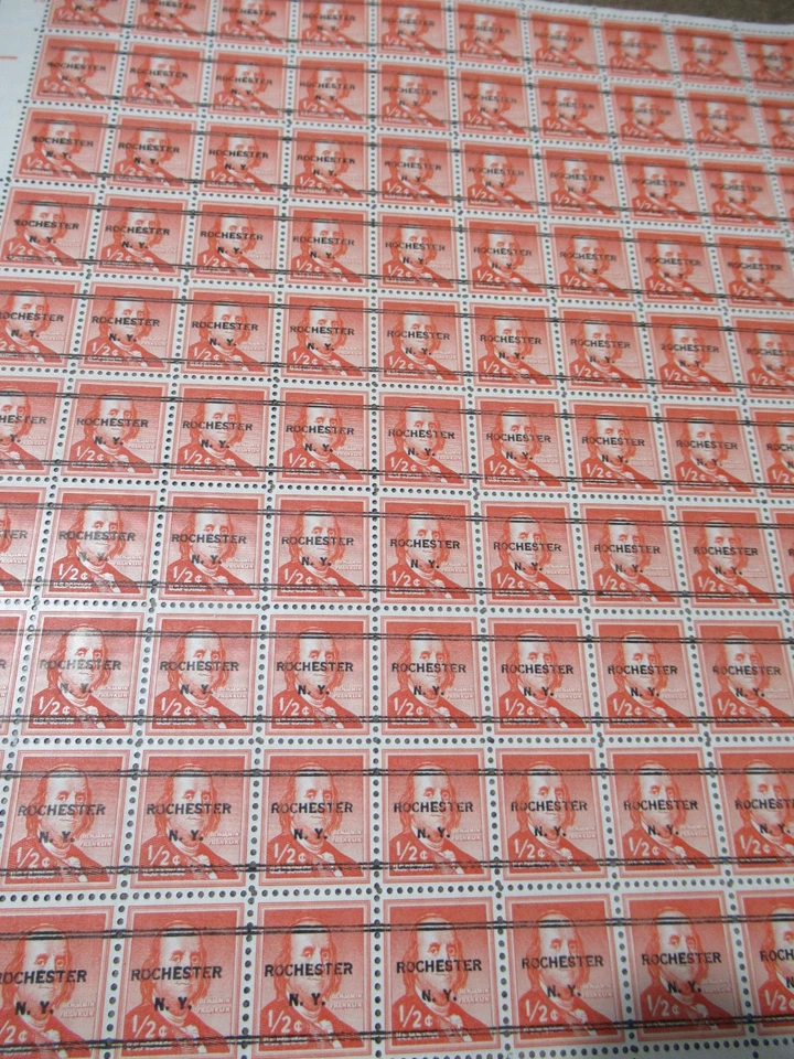 SC#1030, Mint Sheet of 100 1/2 Cent Ben Franklin Stamps, ROCHESTER NY PRE-CANCEL - Image 1 of 4