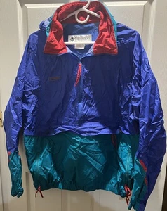 Vintage 90s Columbia L Men’s Teal/Purple Hooded Windbreaker Pullover Jacket - Picture 1 of 11