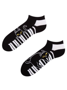 Good Mood Black & White Cats & Stripes Pair of Low Odd Socks Underwear Fun Gift - Picture 1 of 4