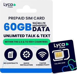 Carte SIM Prépayée Lycamobile 60 Go avec Hotspot 25 Go illimité Intl Talk/Text 5G/4G - Photo 1/7