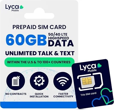 Lycamobile Prepaid SIM Card 60GB W/ 25GB Hotspot Unlimited Intl Talk/Text 5G/4G - Image 1 of 4