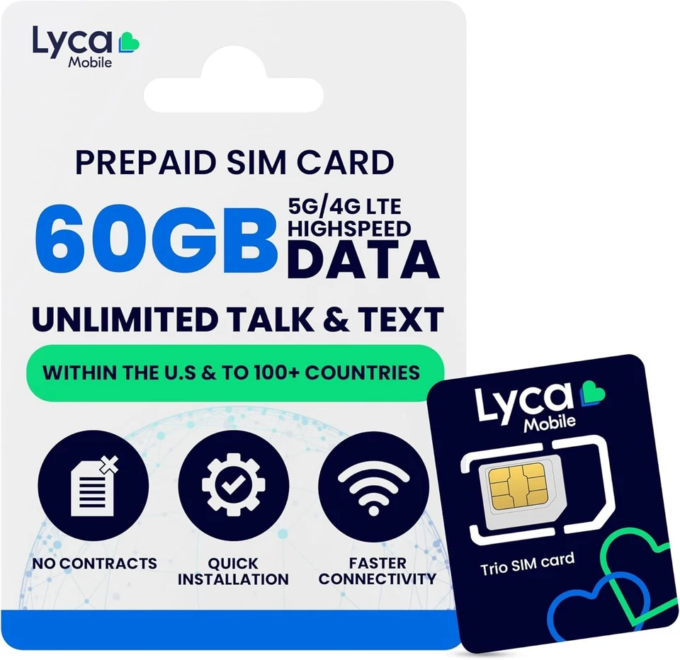 Lycamobile Prepaid SIM Card 60GB W/ 25GB Hotspot Unlimited Intl Talk/Text 5G/4G - Image 1 of 4