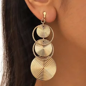 CLIP ON 3"long COIL DISC DROP geometric EARRINGS circle discs GOLD FASHION clips - Picture 1 of 3
