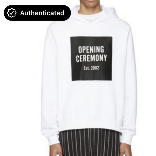 VETEMENTS CERIMONIA DI APERTURA Blocco Logo Bianco Felpa con Cappuccio Unisex Loungewear Uomo Tg S