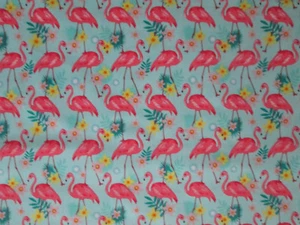 FLAMINGOS BIRDS FLAMINGO FLOWERS FRONDS AQUA COTTON FABRIC FQ - Picture 1 of 6