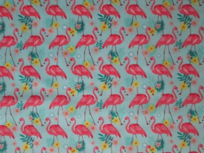 FLAMINGOS BIRDS FLAMINGO FLOWERS FRONDS AQUA COTTON FABRIC FQ - Image 1 of 4