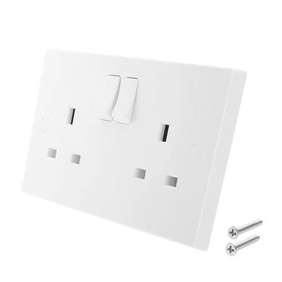 White 13A 2 Gang Double Switched Wall Socket Twin Plug Electrical Outlet - Image 1 of 3