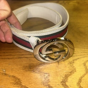 Gucci Belt Web Green Red Canvas, White Leather - 48/120 100% Authentic - Imagen 1 de 9