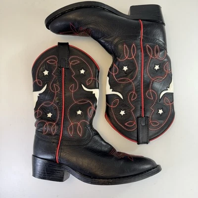 Botas de Vaquero Justin Niños 13.5 Negro Longhorn Estrella Incrustación Cuero Occidental Borde Rojo Foto 1 de 4