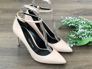 AUTH TOM FORD BEIGE LEATHER PADLOCK STRAP HEELS PUMPS SIZE 38 NEW