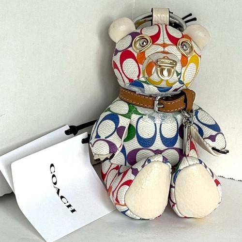 Portachiavi Charm Borsa Coach Orso Arcobaleno Pride CJ953 Bianco Firma LGBTQIA+