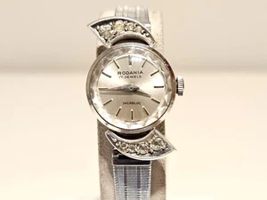 VINTAGE LUXURY WHITE GOLD PLATED SWISS LADIES WATCH "RODANIA" 17J. WITH STONES - Picture 1 of 15