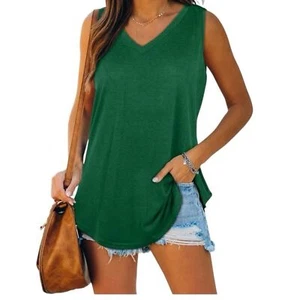 Tank Top Womens S Green V Neck Basic Solid Casual Flowy Summer Sleeveless B2 - Picture 1 of 9