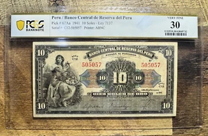 1941 Peru 10 Soles P-67Aa PCGS Banknote Very Fine (VF) 30 *SCARCE* - Picture 1 of 2