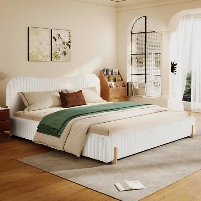 White Boucle Upholstered Platform Bed Queen/King, w/ Curved Headboard, Wood Legs - Image 1 of 2
