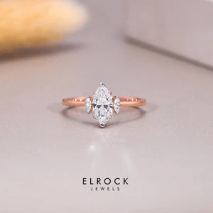 Marquise Cut Lab Created Diamond 3 Stone Engagement Ring 14K Rose gold - Picture 1 of 10