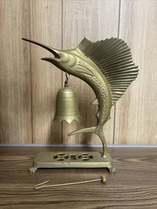 Vintage Brass Sailfish Marlin Statue With Bell Desktop Mid Century Modern - Picture 1 of 11