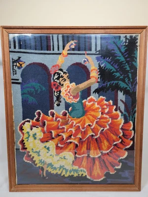 Vintage Framed Picture Spanish Flamenco Dancer Needlework Large Rare Prop - Image 1 of 4