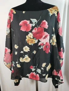 Übergröße Poncho Style Top, geblümt, schwarz, Blumendruck, U-Boot Ausschnitt, Gr. 1X-2X - Bild 1 von 1