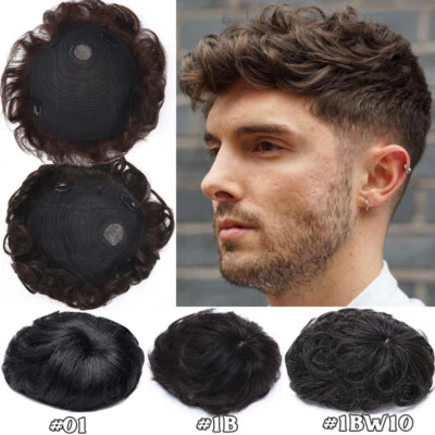 Clip In Toupee Mono Mens Remy Human Hair Hairpiece Replacement System Black Wig - Image 1 of 4