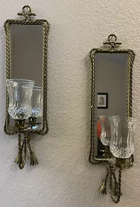 Par de apliques de pared de borla borla de oro francés con espejo, - Imagen 1 de 4