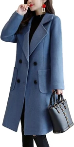 Women Winter Wool Blend Camel Mid-Long Coat Notch Double-Breasted Lapel Jacket O - Picture 1 of 12