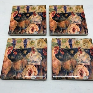Set 4 Sottobicchieri Piastrelle Ceramica Smaltata Country Polli Fattoria Decorazione 4x4 - Foto 1 di 7