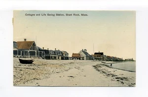 Postal de Brant Rock, Marshfield MA 1910, cabañas, dory, playa, salvavidas - Imagen 1 de 3