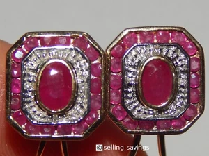 14K YELLOW GOLD RUBY & DIAMOND CLUSTER 6/10th INCH OMEGA BACK EARRINGS. - Picture 1 of 7