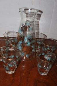 Vintage MCM Libbey Karaffe Krug Türkis Gold Tannenzapfen 32 Unzen David Douglas - Bild 1 von 5