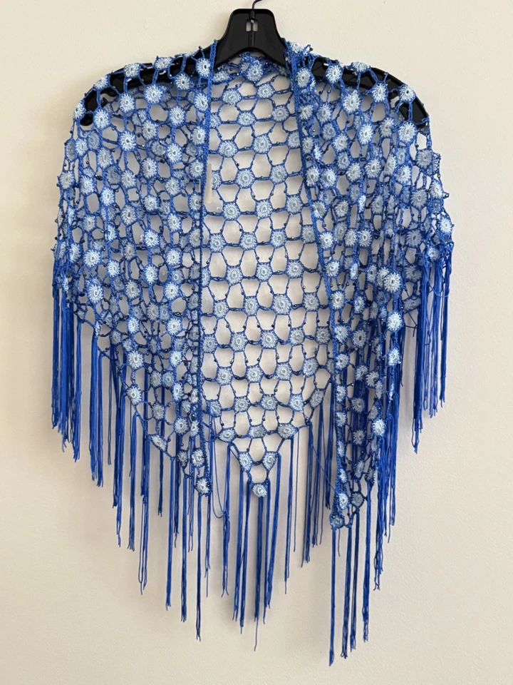 NEW Hand Crochet Shawl Wrap Glass Beaded Fringe Royal Blue One Size - Image 1 of 1